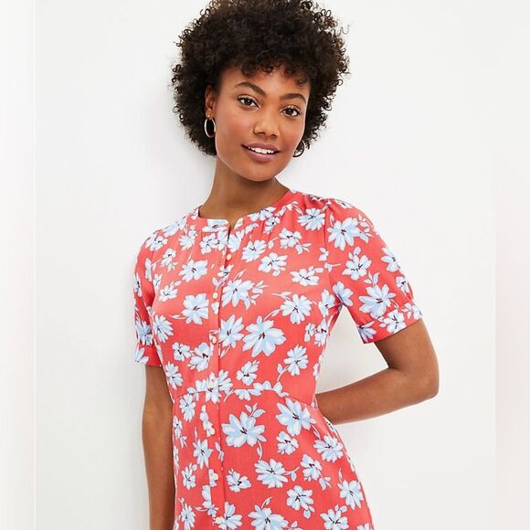 LOFT Floral Flare Retro Shirt Dress Coral Red Blue White Size 14P | 14 Petite - Picture 9 of 14